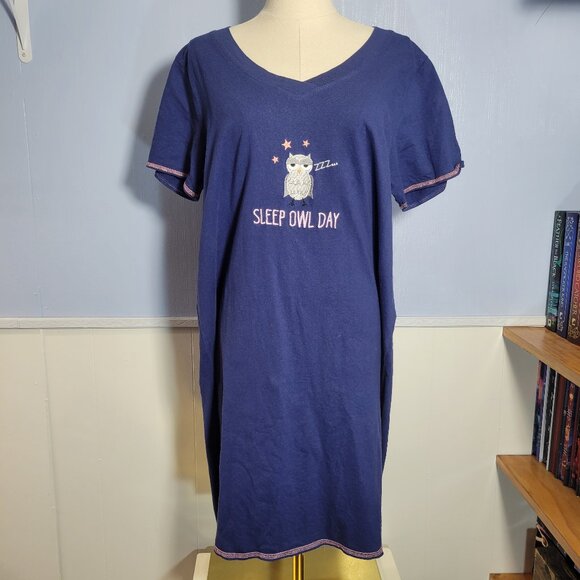 Rene Rofe 1X navy Blue Gray Owl V Neck Shortsleeve Summer Cotton Nightgown - Picture 1 of 10